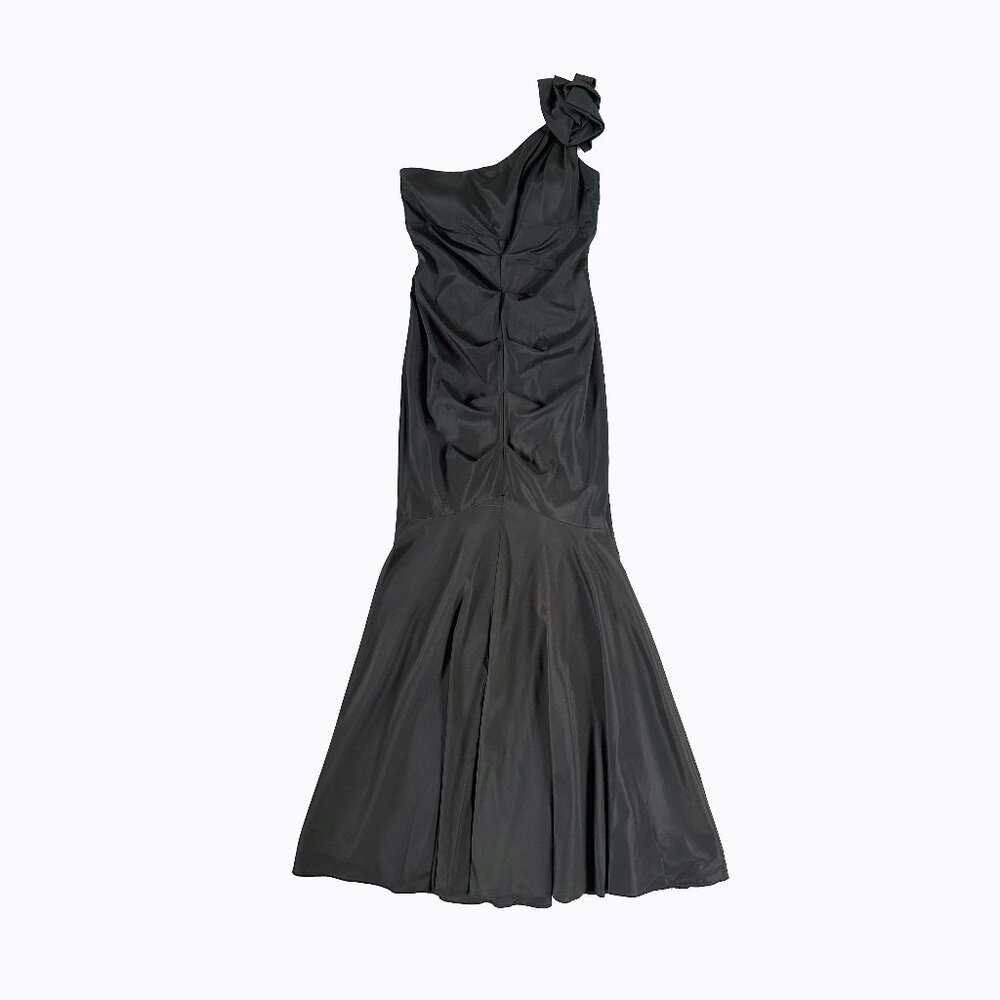 Vtg Xscape Black Satin Dress 4P One Shoulder Rosette Slit Prom Y2K Whimsigoth